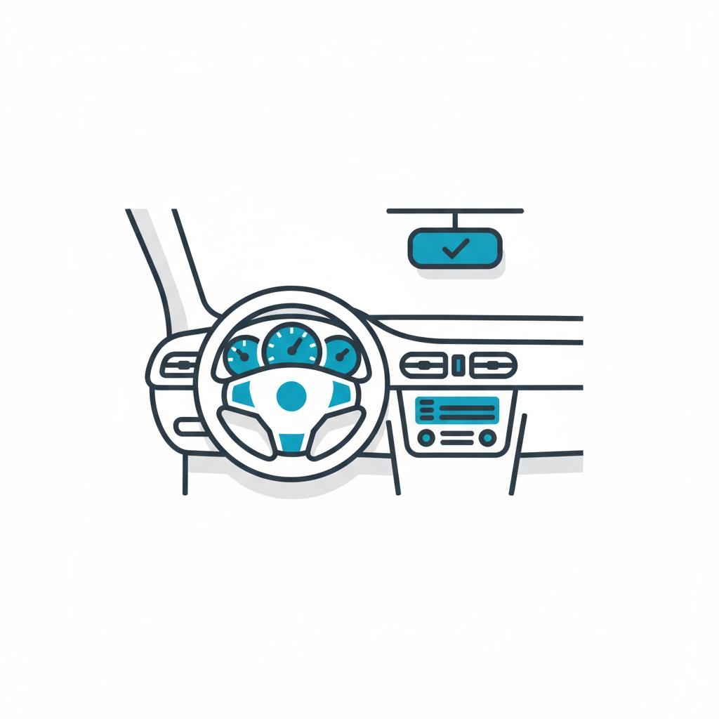 Minimal 2D vector interior of used car dashboard focusing on odometer and non legible service sticker with blue accents cars for 20k