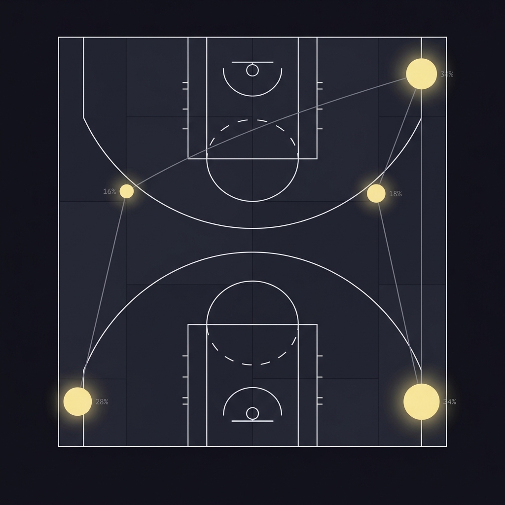 Top down court infographic highlighting corner threes and wing attempts with marker sizes showing distribution How Three-Point Variance Affects College Basketball