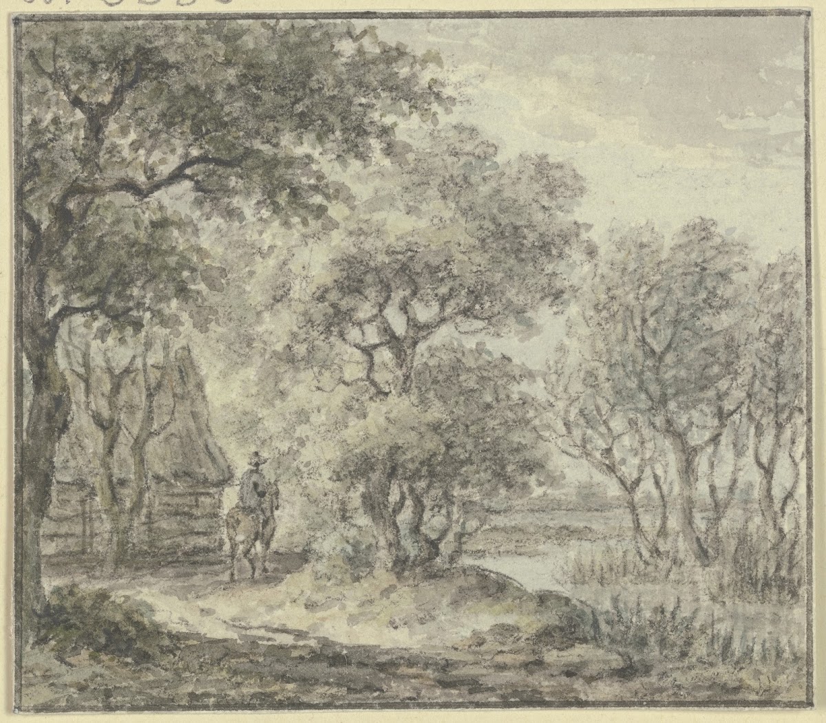 Waldpartie mit Wasser und einem Haus dabei ein Reiter