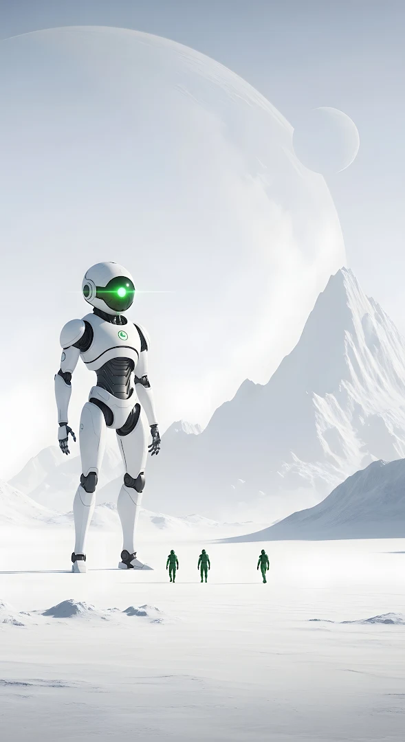 White Sci-Fi Robot on Icy Alien Planet Landscape