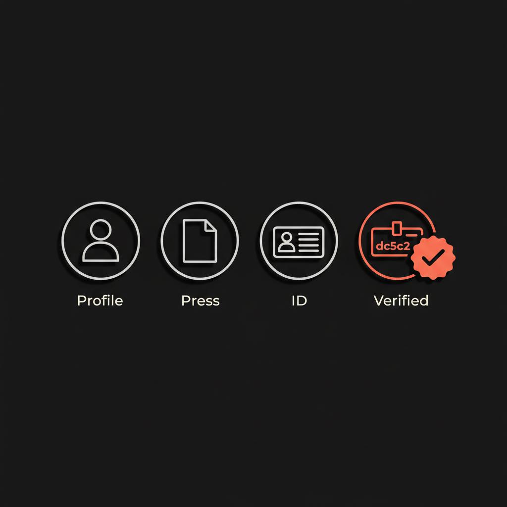 Minimal vector infographic of profile, press article, ID card and a checkmark on black background using brand colors illustrating Instagram verification requirements
