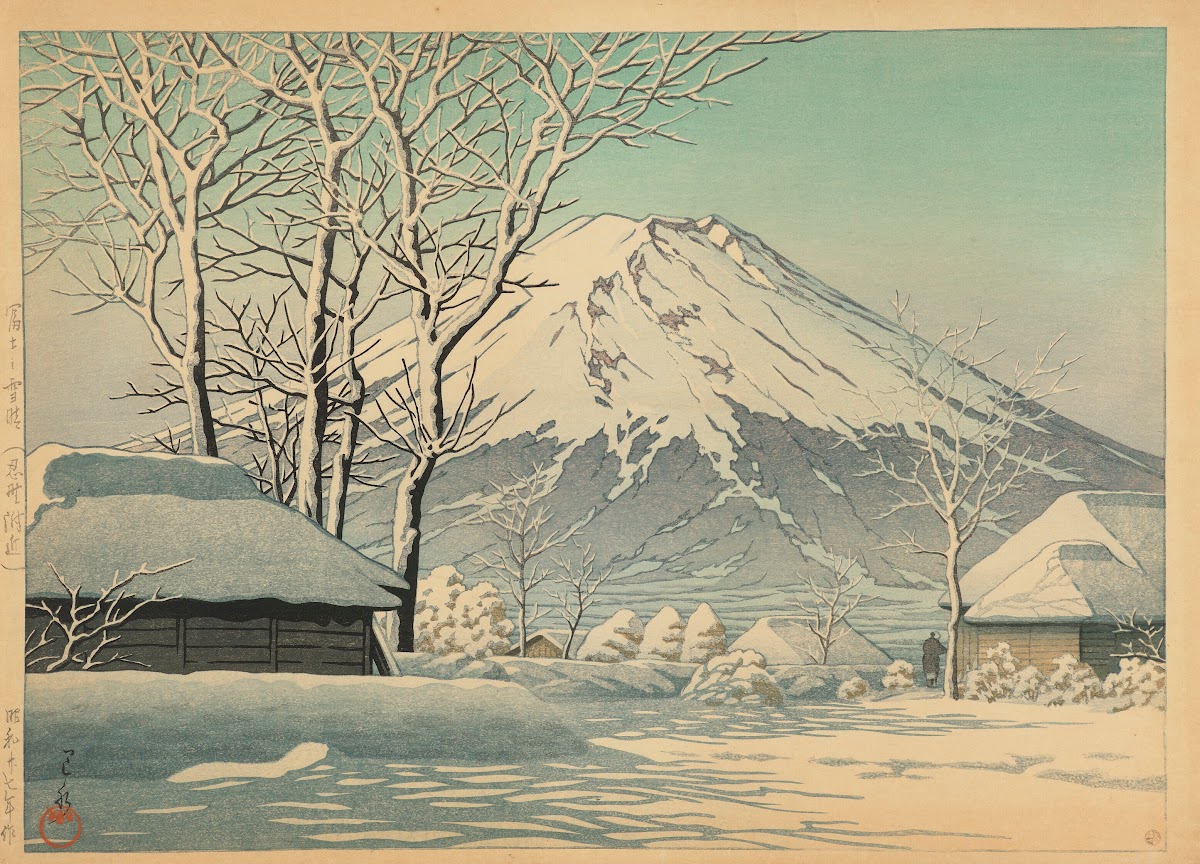 Fuji no yukibare Oshino fukin Mt Fuji clearing after a snowfall in Oshiono 1952