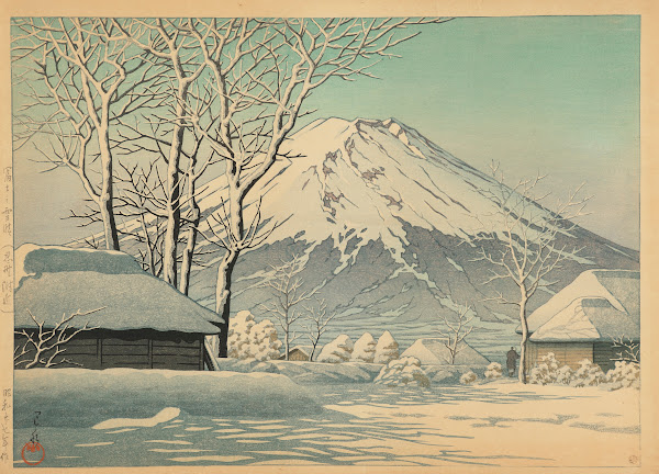 Fuji no yukibare Oshino fukin Mt Fuji clearing after a snowfall in Oshiono 1952