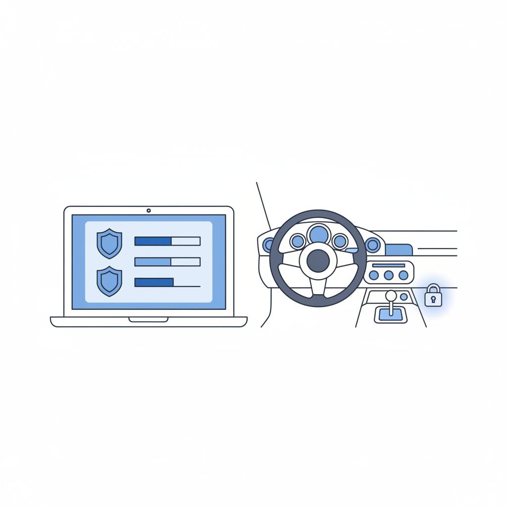 Minimalist 2D vector split illustration of a laptop safety rating page and a Miata interior with an accent highlighted anti theft indicator miata for sale