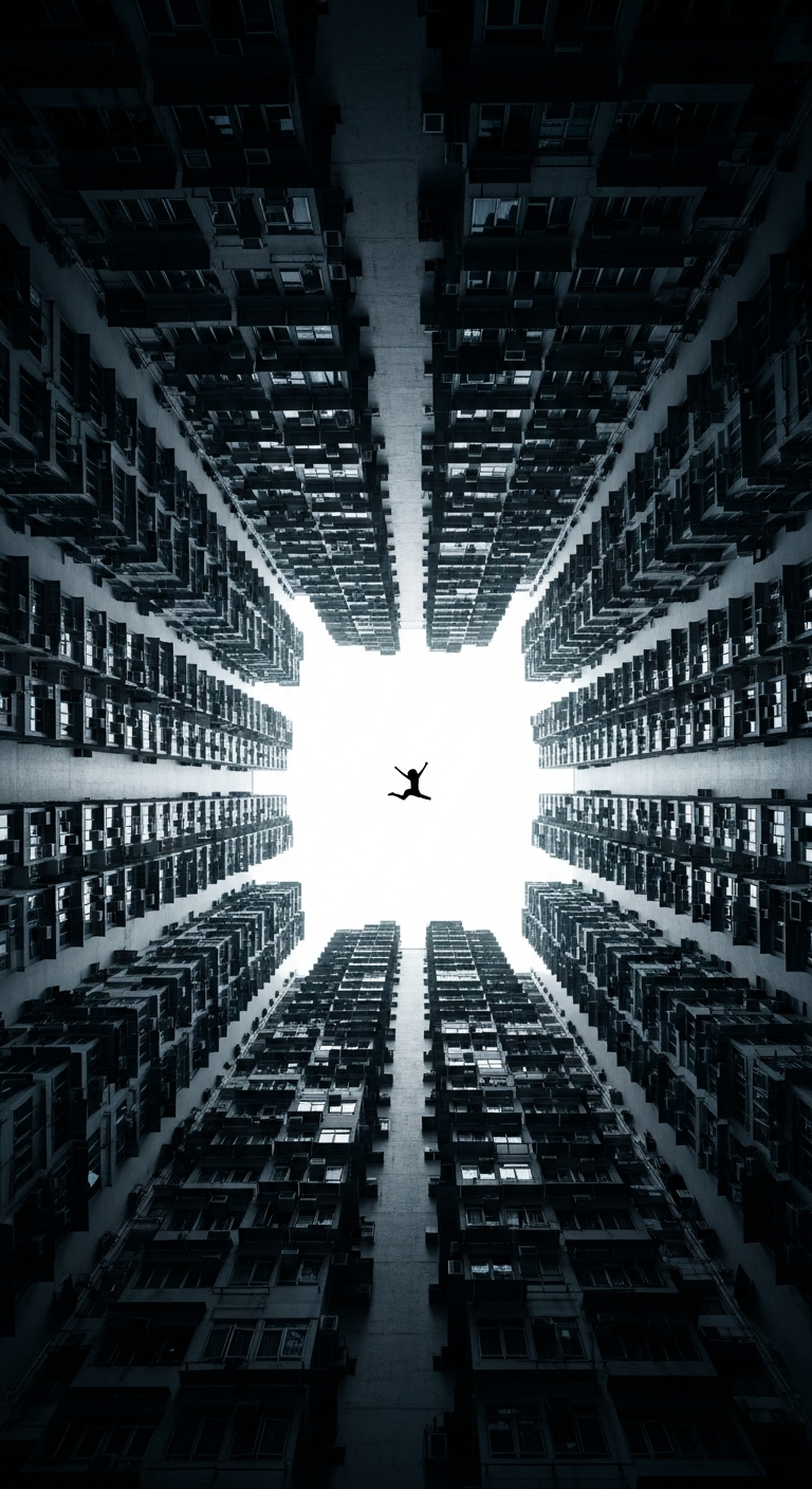 Extreme Low-Angle View of Towering Urban Canyon with Silhouetted Figure Falling - Free 4K mobile Wallpaper