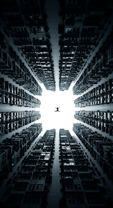 Extreme Low-Angle View of Towering Urban Canyon with Silhouetted Figure Falling