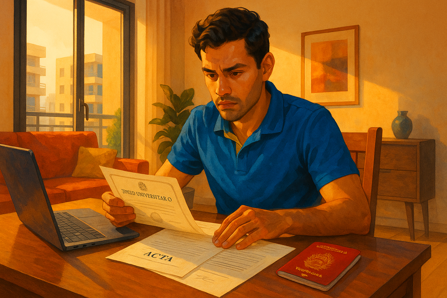 Venezolano revisando documentos para apostillar en el exterior con pasaporte y carpeta