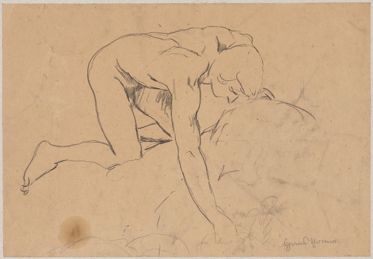 Naked young man kneeling on a rock and reaching out to a spring with his hand 18
