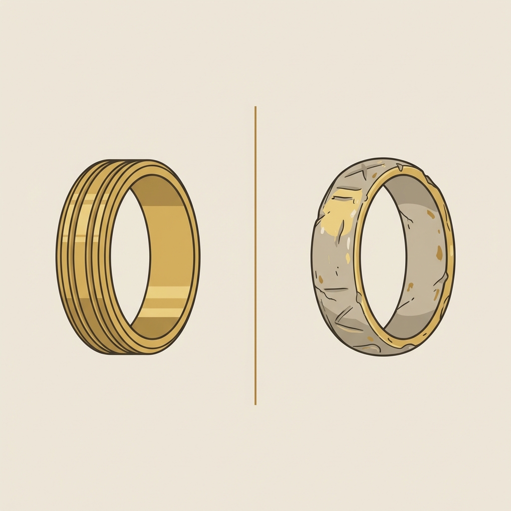 Minimalist 2D vector side by side comparison of a modern engraved gold band and a museum Roman ring detail showing tool mark differences gold roman numeral ring