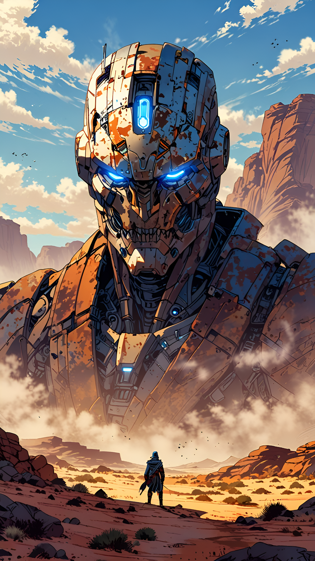Giant Robot Towering Over Desert with Lone Figure - Free 4K mobile Wallpaper