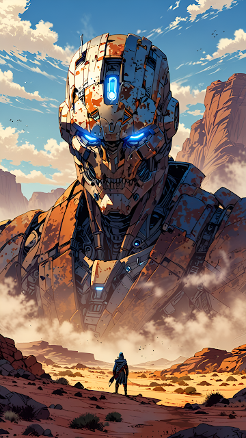 Giant Robot Towering Over Desert with Lone Figure - Free mobile Wallpaper