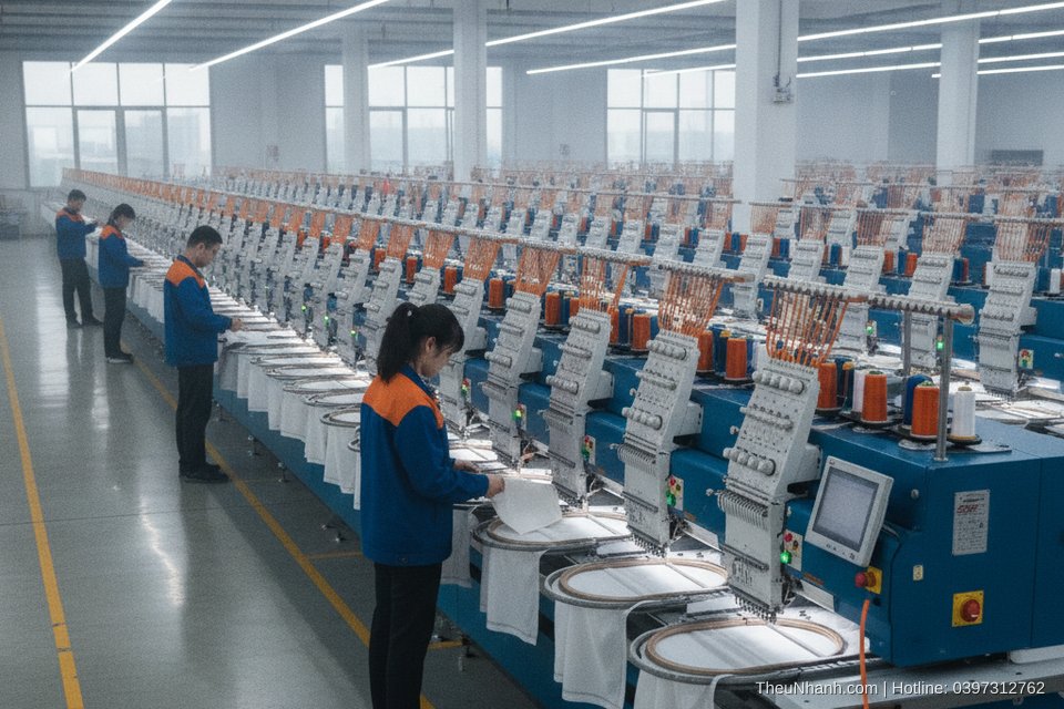 Giới Thiệu Xưởng Thêu TheuNhanh — Công Suất Máy Móc & Năng Lực Sản Xuất