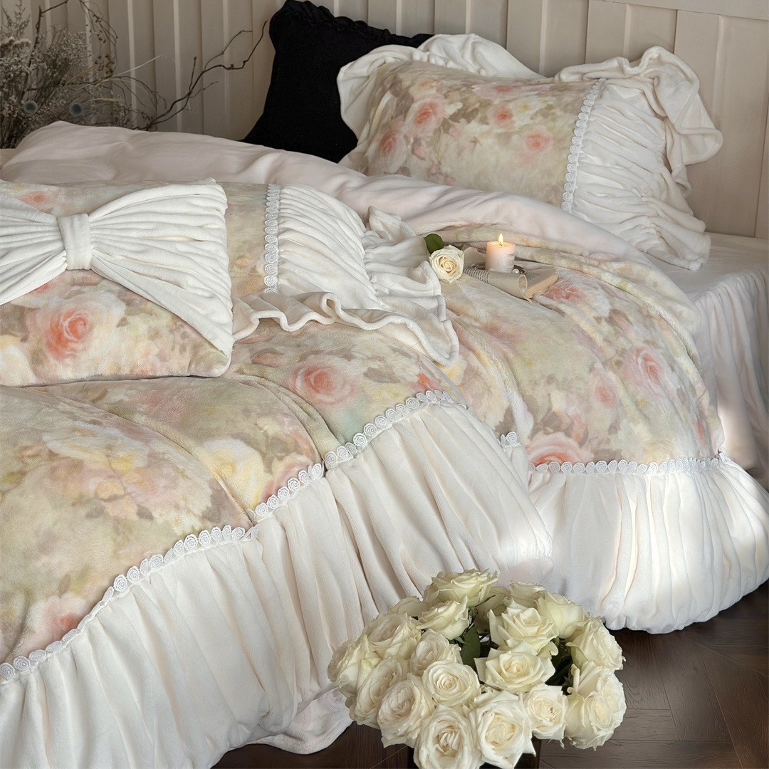 Microfiber Fleece Bedding Set, Embroidered, French Style