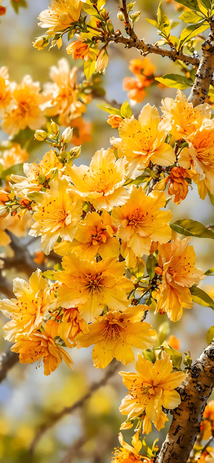 Golden Spring Blossoms on Tree Branch in Bright Sunlight - Free 4K mobile Wallpaper