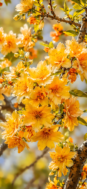 Golden Spring Blossoms on Tree Branch in Bright Sunlight - Free mobile Wallpaper