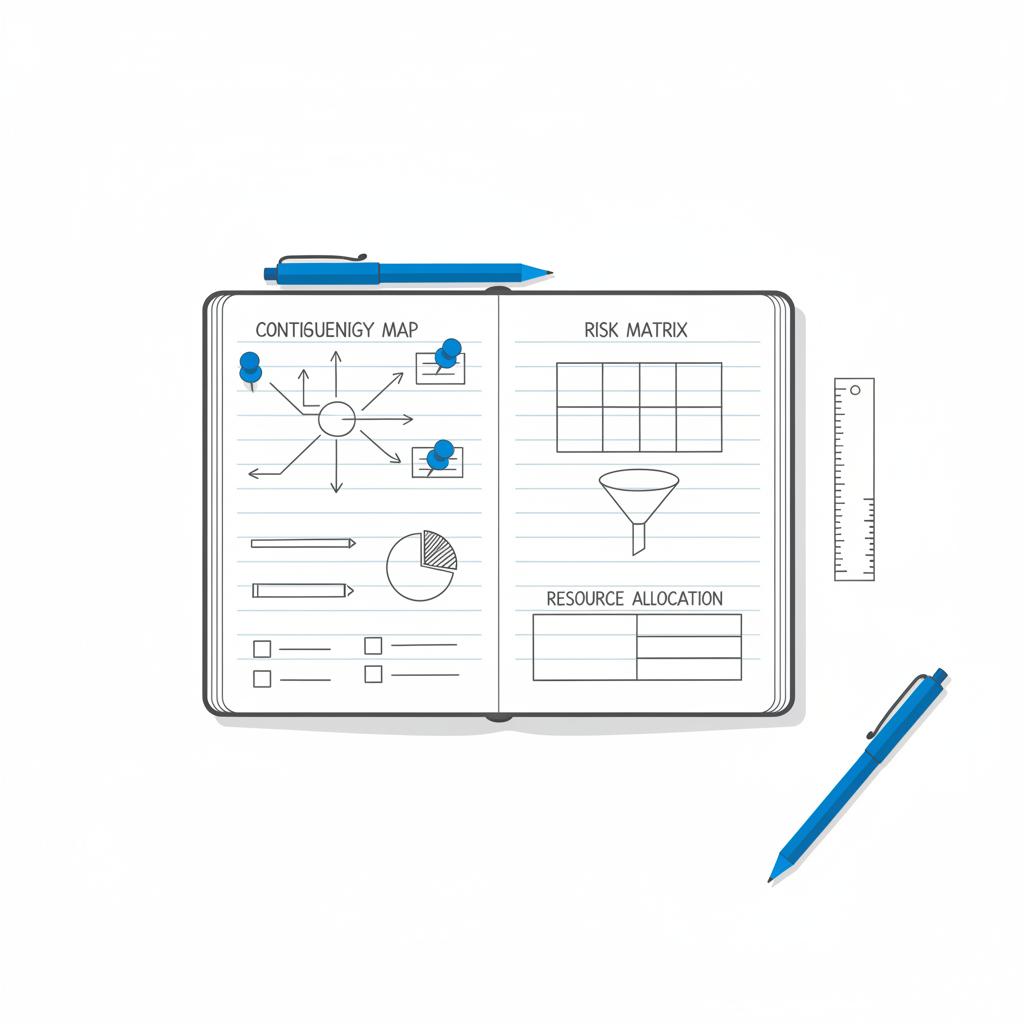 Top-down 2D vector of a lined notebook with a sketched contingency map, risk matrix and timeline, blue priority pins and pen &mdash; visual for 5 Cs of event planning.