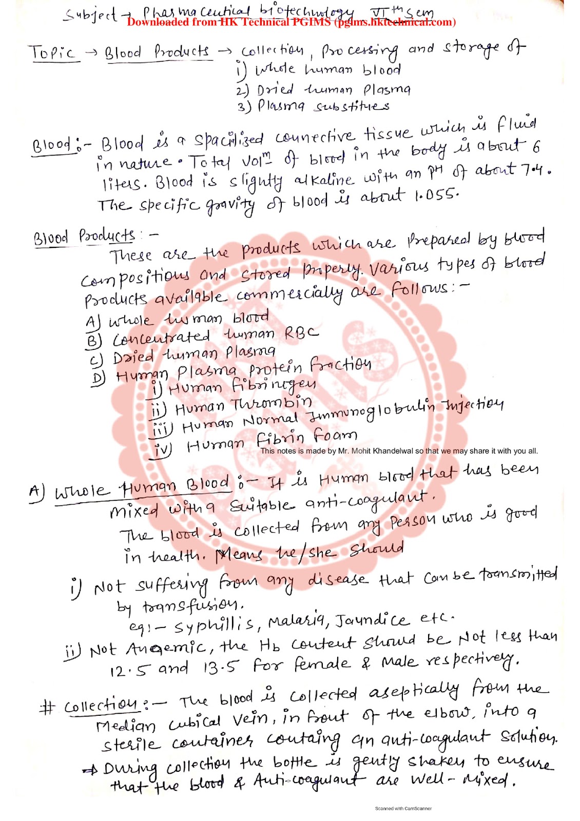 BP605T U-5 part-2 blood Products 6th Semester B.Pharmacy ,BP605T Pharmaceutical Biotechnology,BPharmacy,Handwritten Notes,BPharm 6th Semester,Important Exam Notes,Hand written notes,