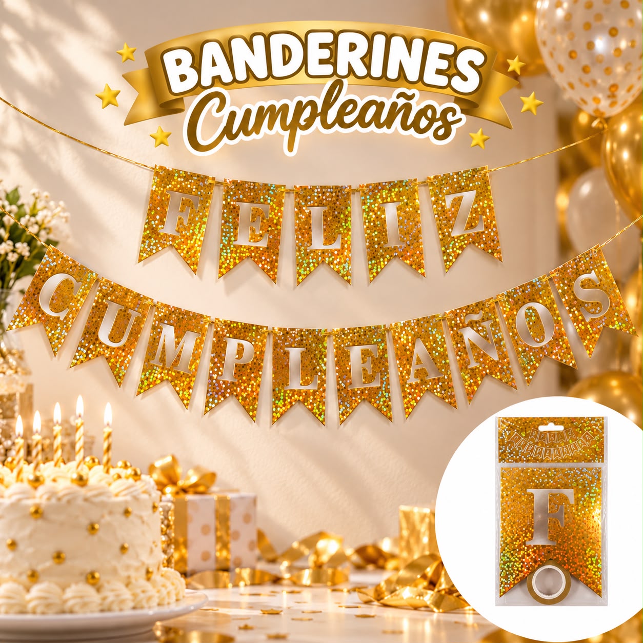 Banderín 'Feliz Cumpleaños' dorado