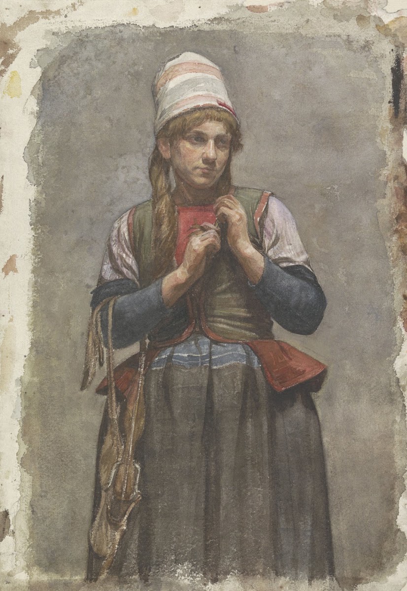 Staand meisje in klederdracht met schaatsen 1874   1925