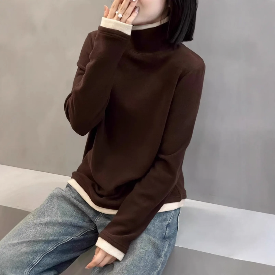 Women's long-sleeve shirt with stand-up collar and faux layer look