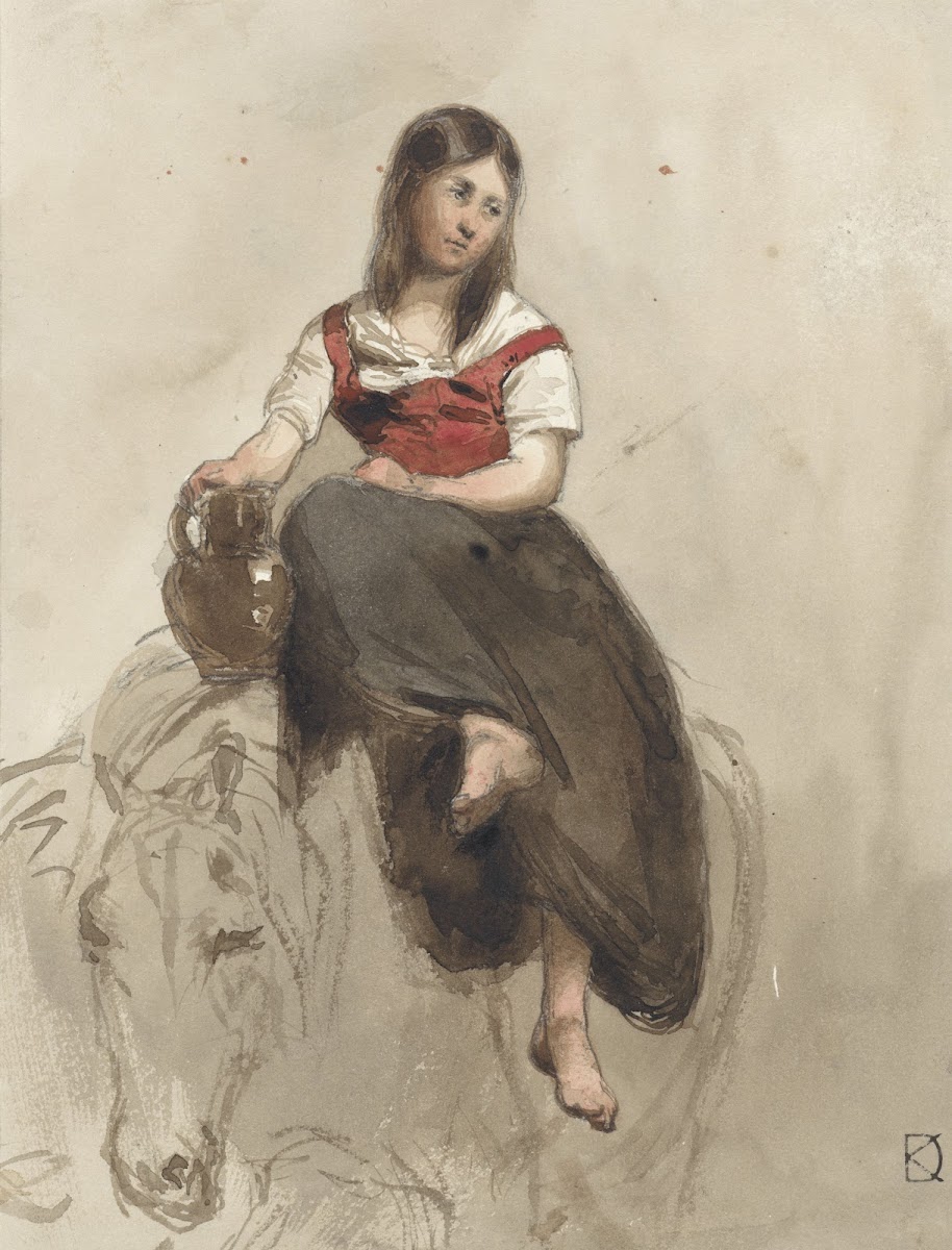 Vrouw op een paard gezeten met kan 1841   1857