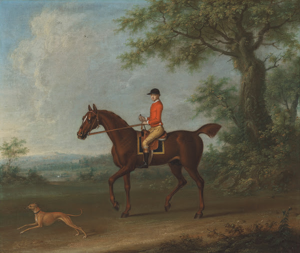 Sedbury with jockey up and a greyhound in an extensive wooded landscape with two