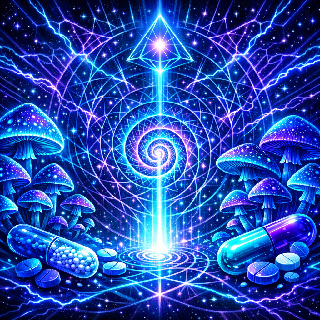 mushrooms and ssri as expressive lifestyle elements—creative collage of natural textures, bold color, and personal ritual