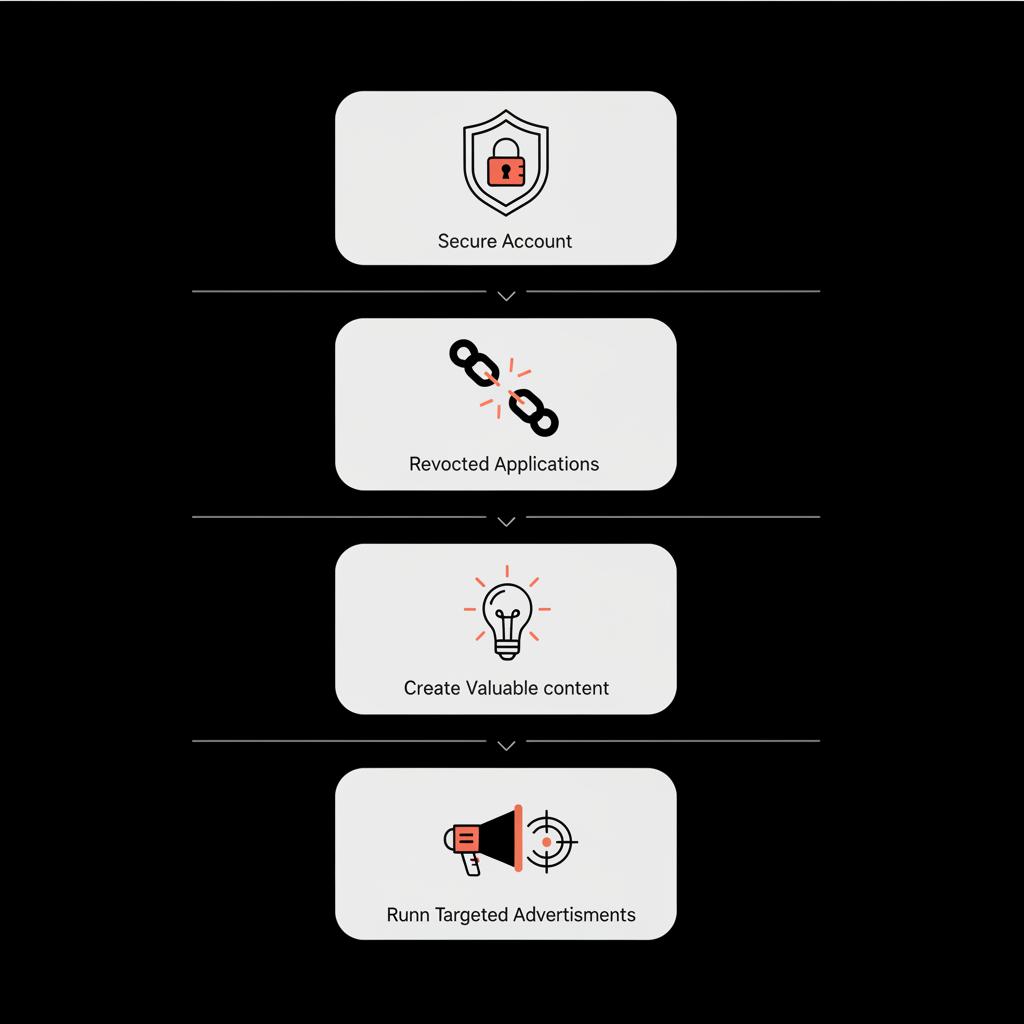 Minimal 2D vector infographic checklist with four icons (secure account shield, revoke apps chain break, value-content lightbulb, targeted-ads megaphone) on black background — buying Instagram followers