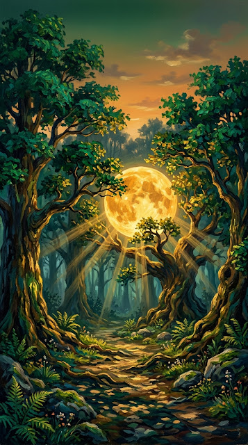 Mystical Forest with Colossal Glowing Golden Orb at Dusk - Free mobile Wallpaper