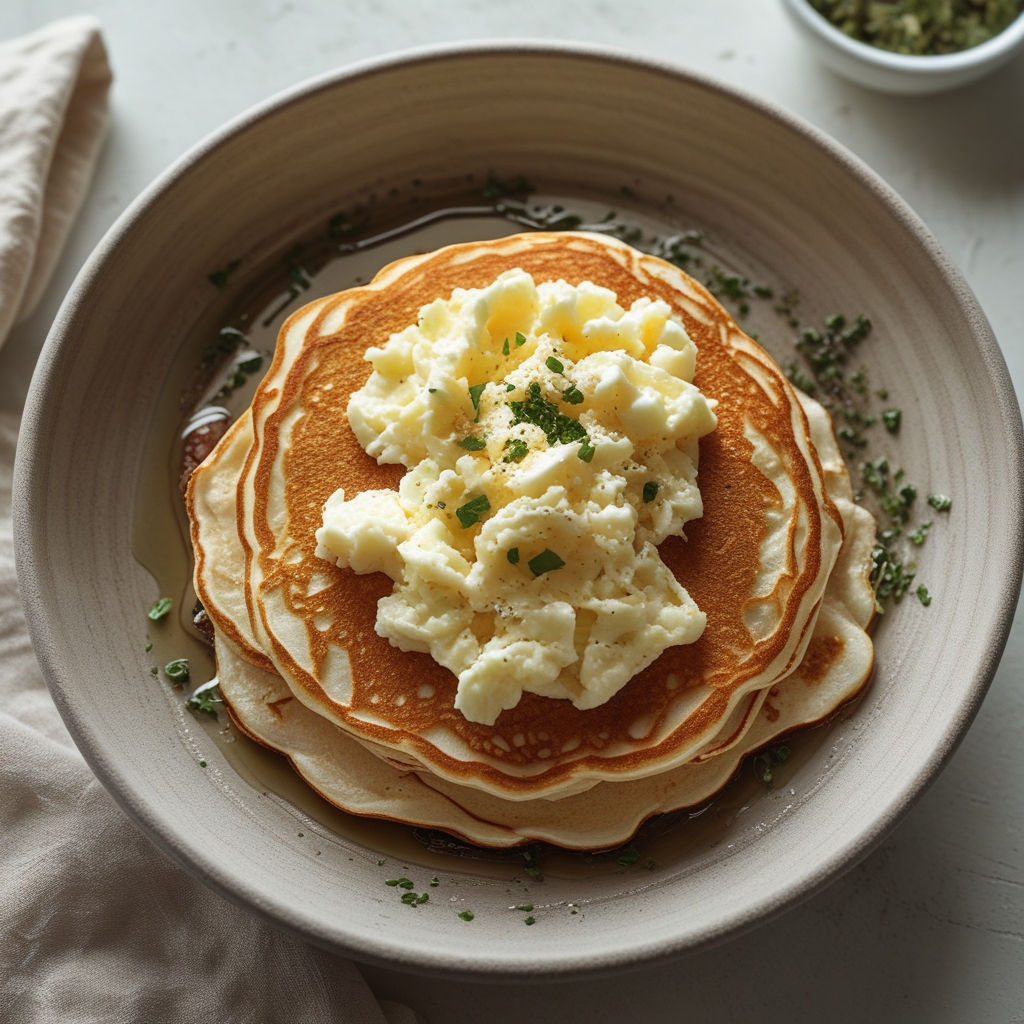 Savory Coconut Flour Pancake Breakfast Bowl with Turmeric Scrambled Eggs