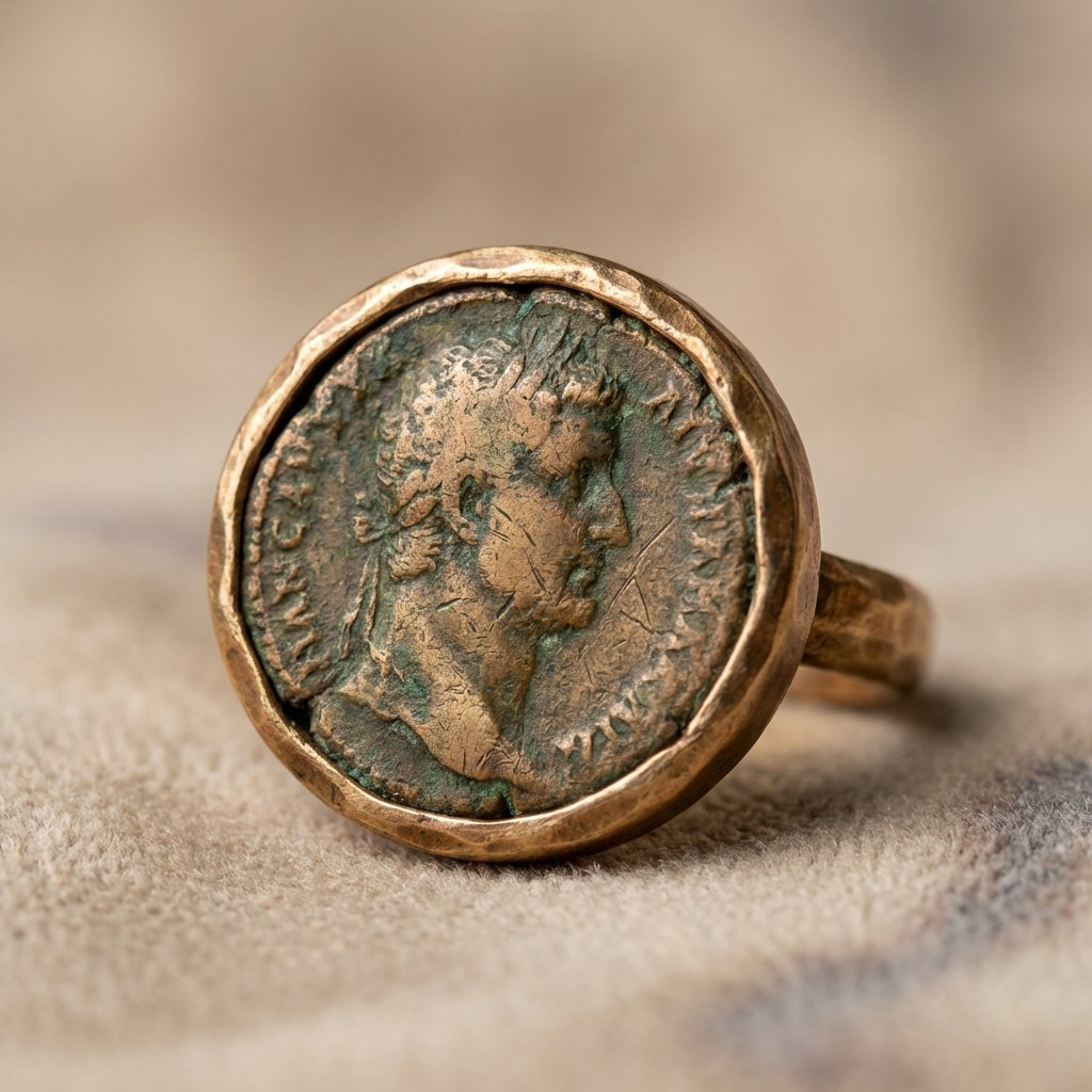Macro photograph of an ancient coin ring bezel showing detailed patina and edge wear on a minimalist beige background ede7da with warm accent highlights ae8339 realistic studio lighting