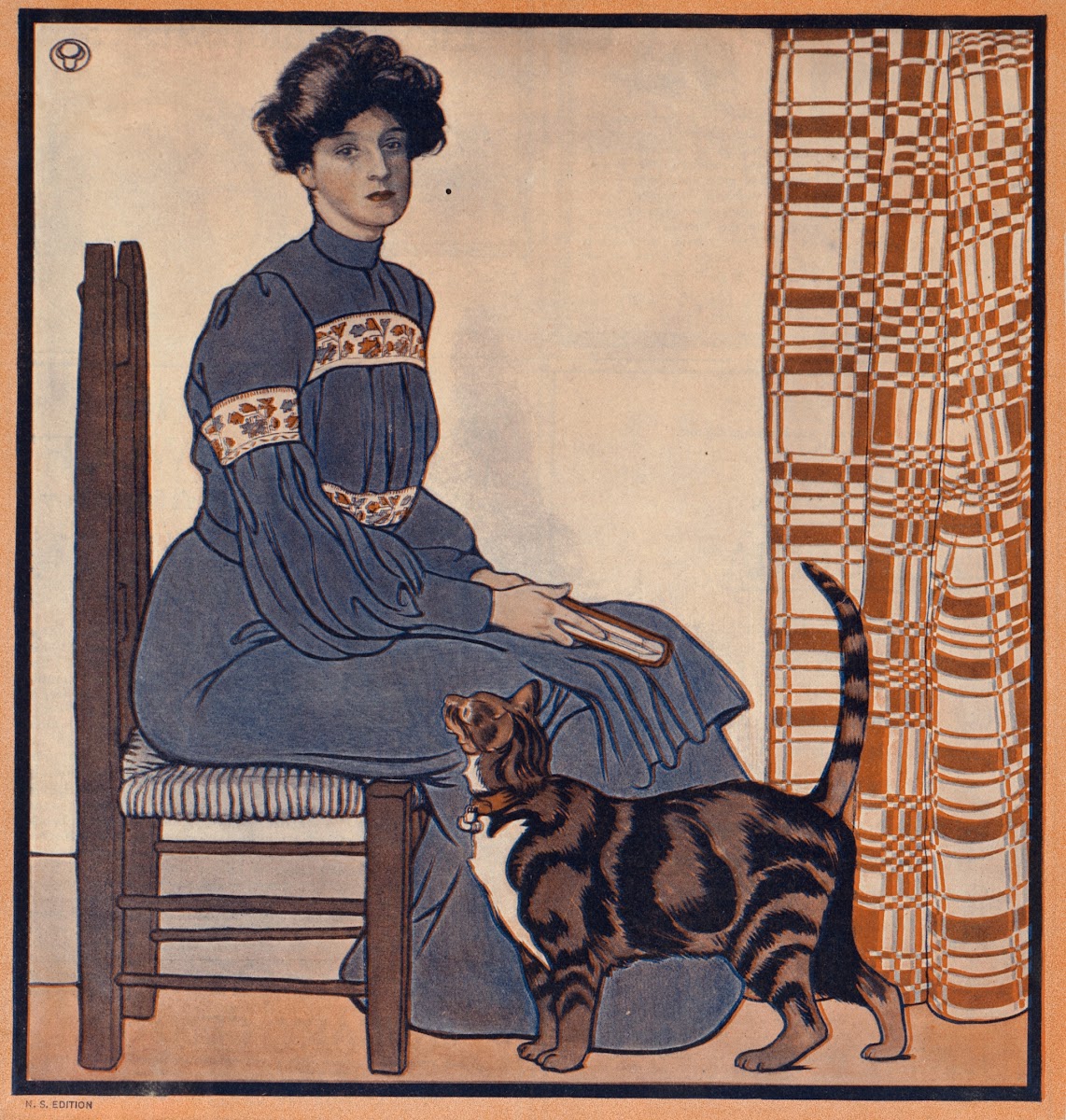 Woman sitting on a chair holding a book with a cat looking on 1890 1920