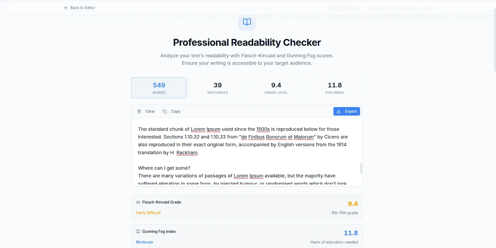 WordCounter readability checker showing score and grade level free no account