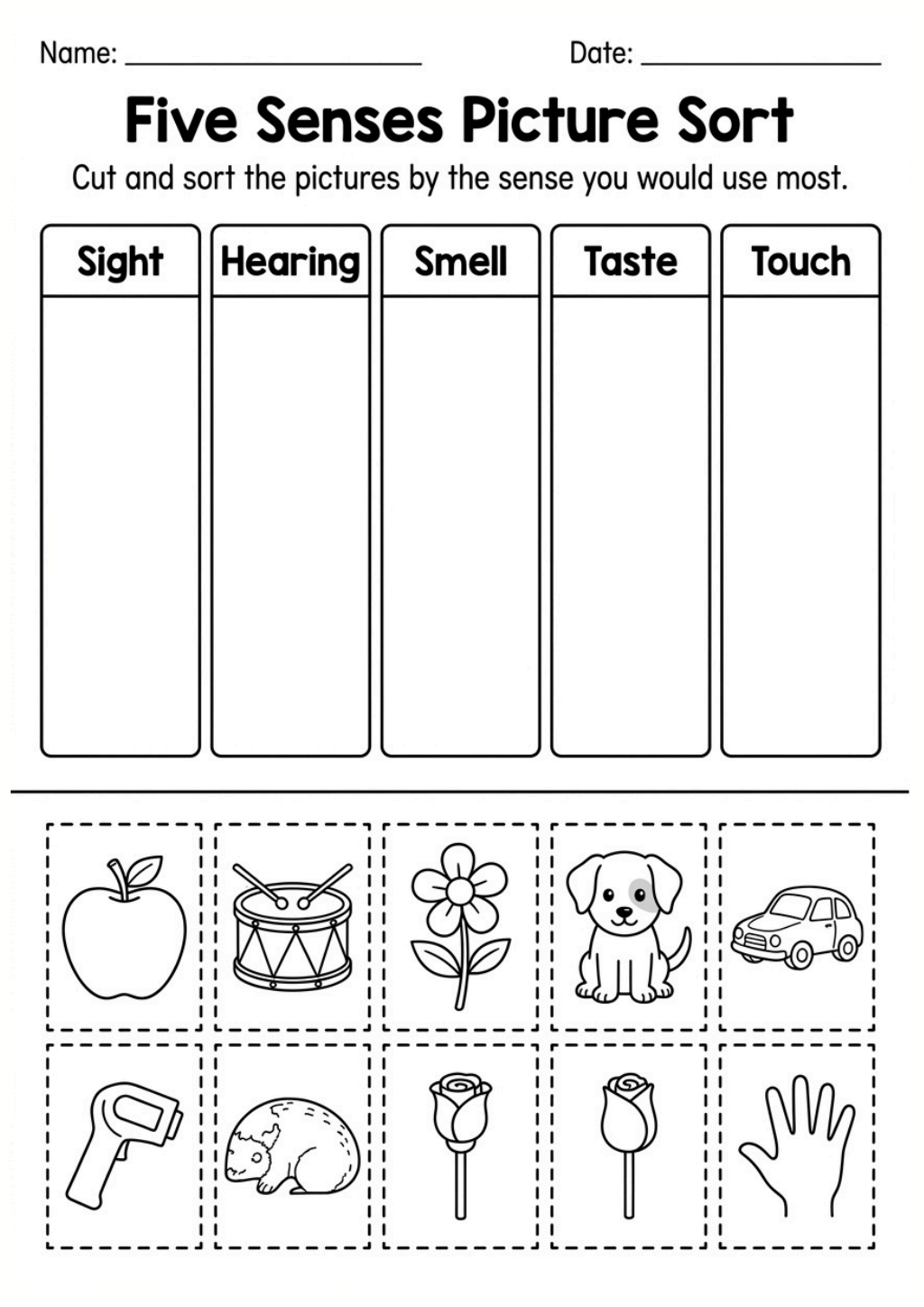 Five Senses Picture Sort Worksheet