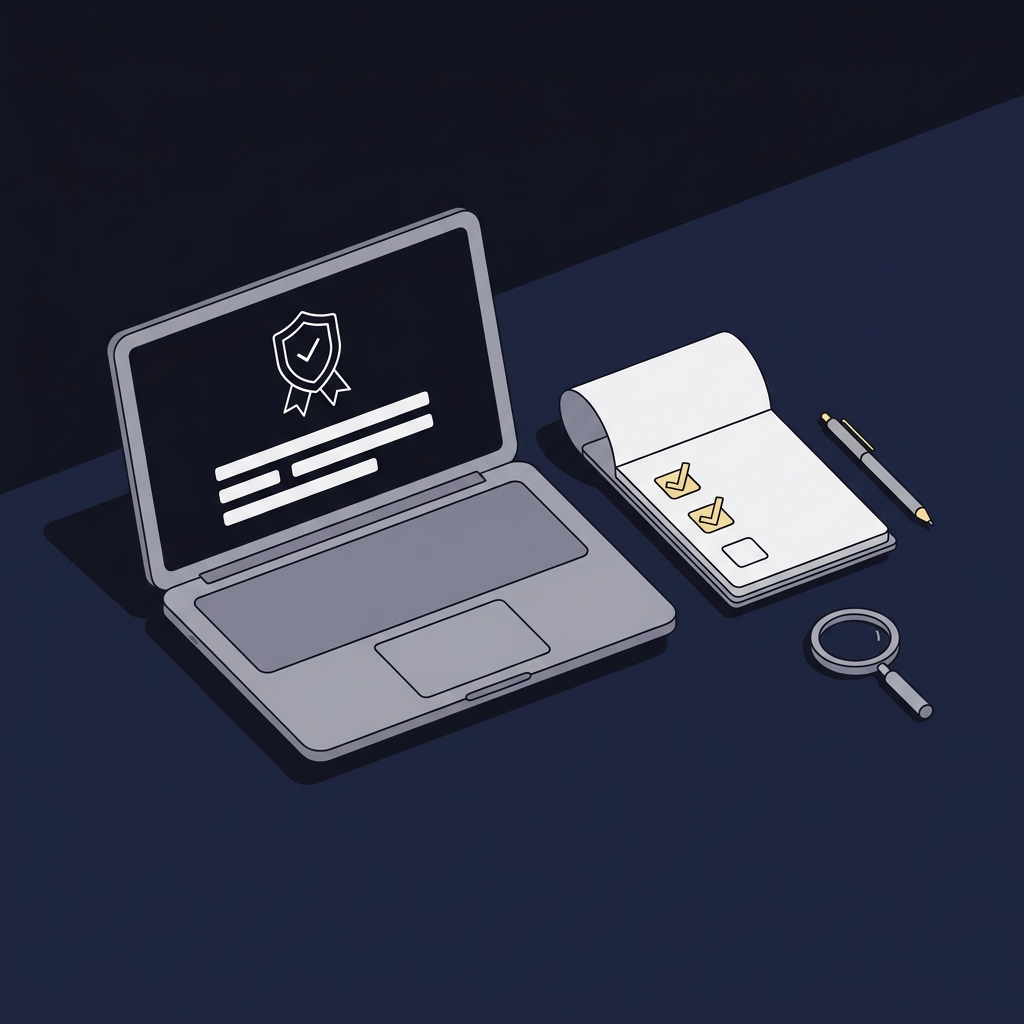 Minimalist 2D vector of a laptop showing a government licensing document and an open notepad with verification checkboxes on a dark Funded Plays style background horse racing betting near me