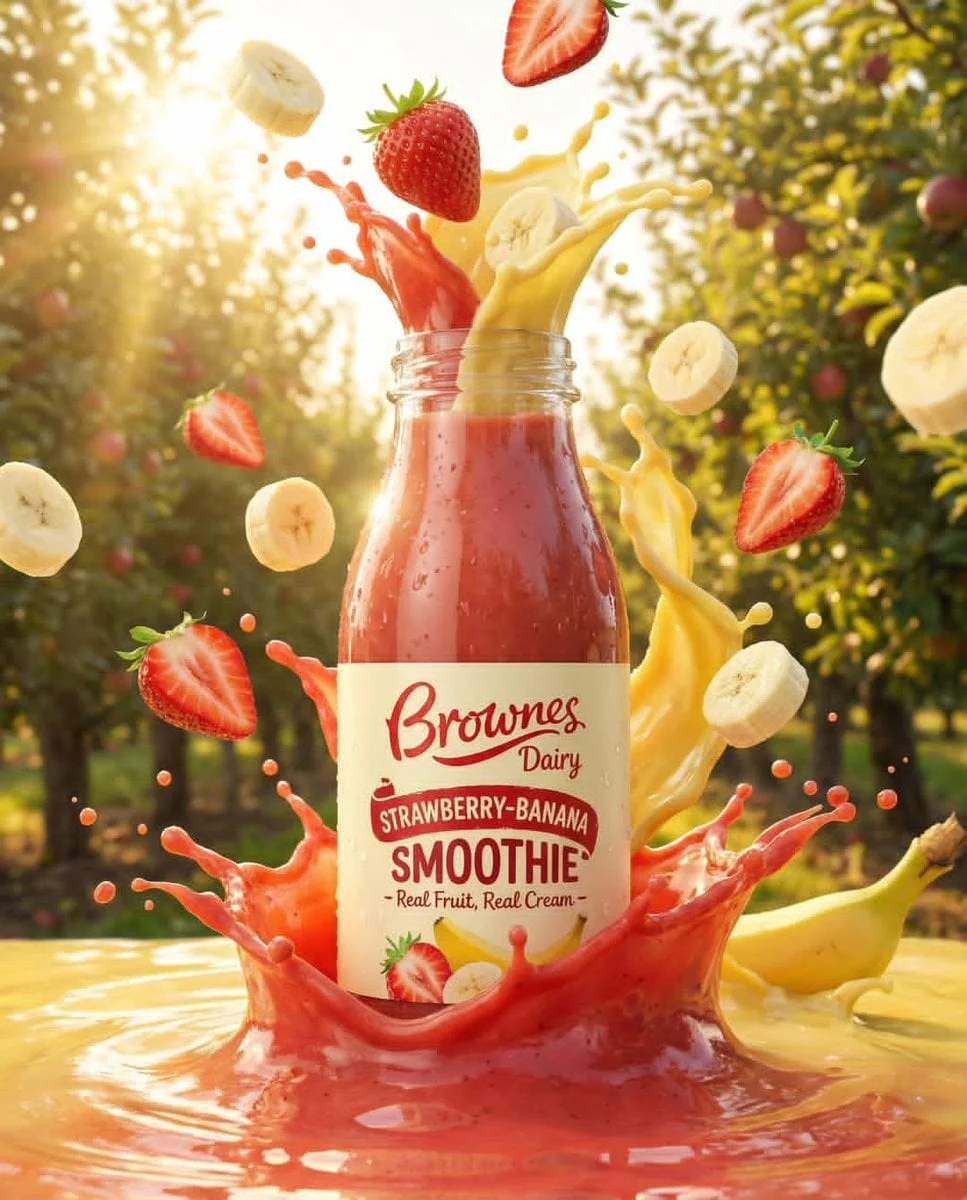 Anuncio ultrarrealista de una botella de bebida de frutas premium, salpicadura de líquido dinámica congelada en el aire, frutas frescas...
