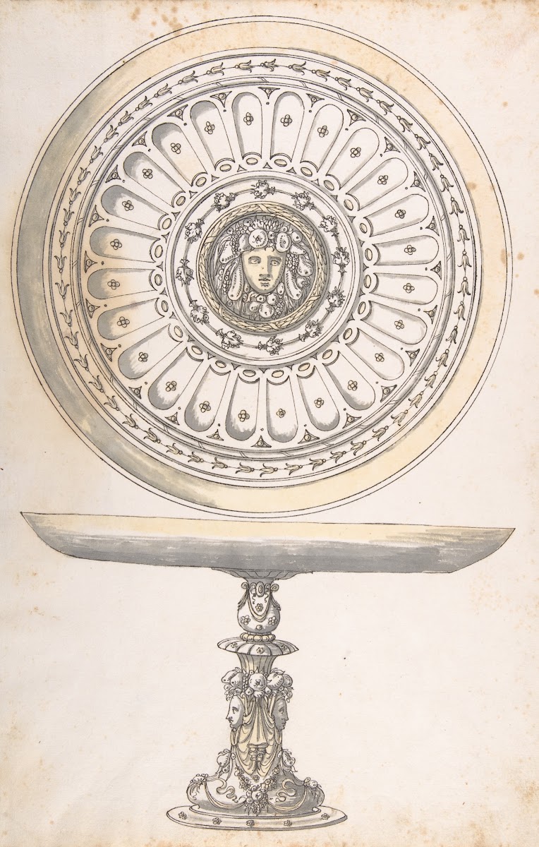 Shallow Round Dish on tall Pedestal Decorated with Fruit and Female Masks 16th c