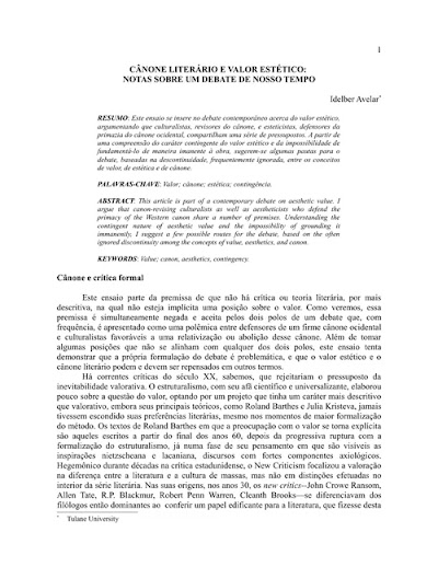 AVELAR, Idelber - cânone literária e valor estético - notas sobre um debate de nosso tempo