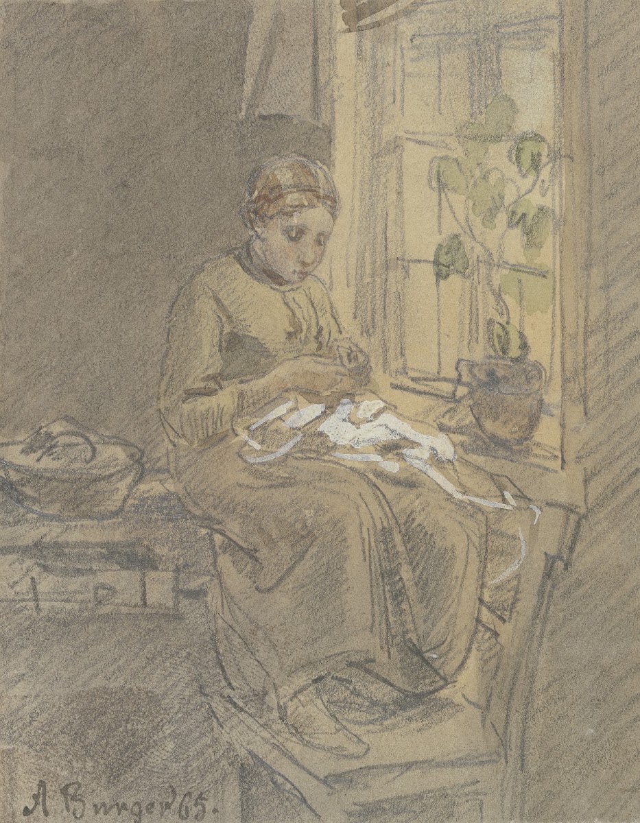 Mädchen am Fenster eine Nadel einfädelnd 1865