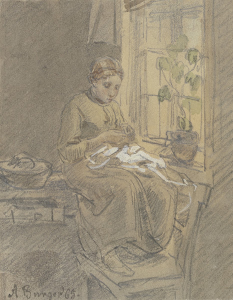 Mädchen am Fenster eine Nadel einfädelnd 1865