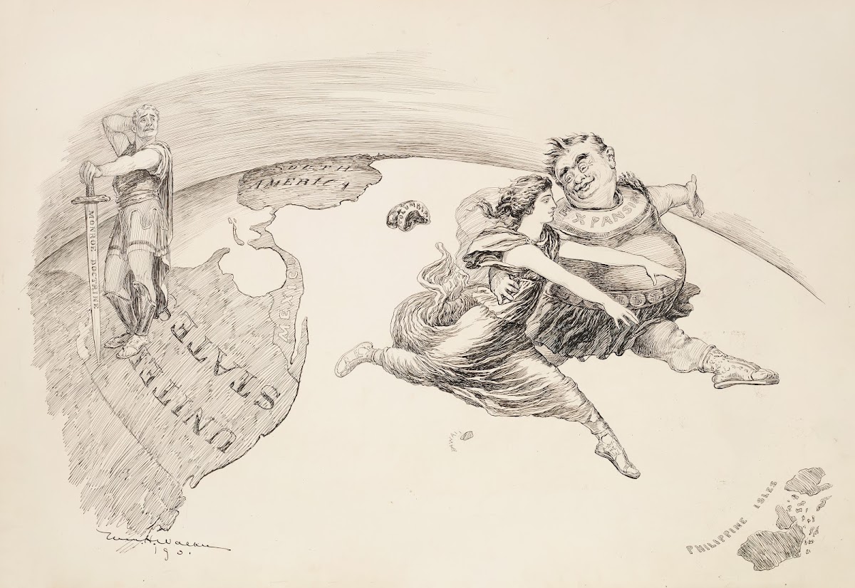 A man in the United States with a sword representing the Monroe Doctrine turns h