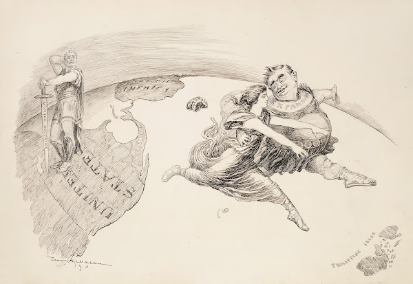 A man in the United States with a sword representing the Monroe Doctrine turns h