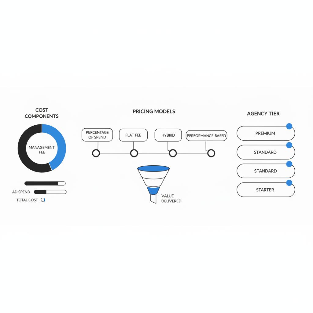 Minimal 2D vector planner page showing a PPC budget pie chart, onboarding timeline and deliverables boxes in Agency Visible style on white background &mdash; how much do PPC agencies charge