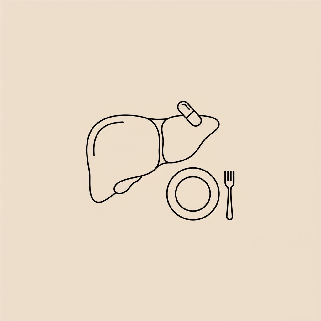 Minimal Tonum-style line illustration of a stylized liver with a small capsule and a plate with fork on a beige background, visual metaphor for first signs of fatty liver.