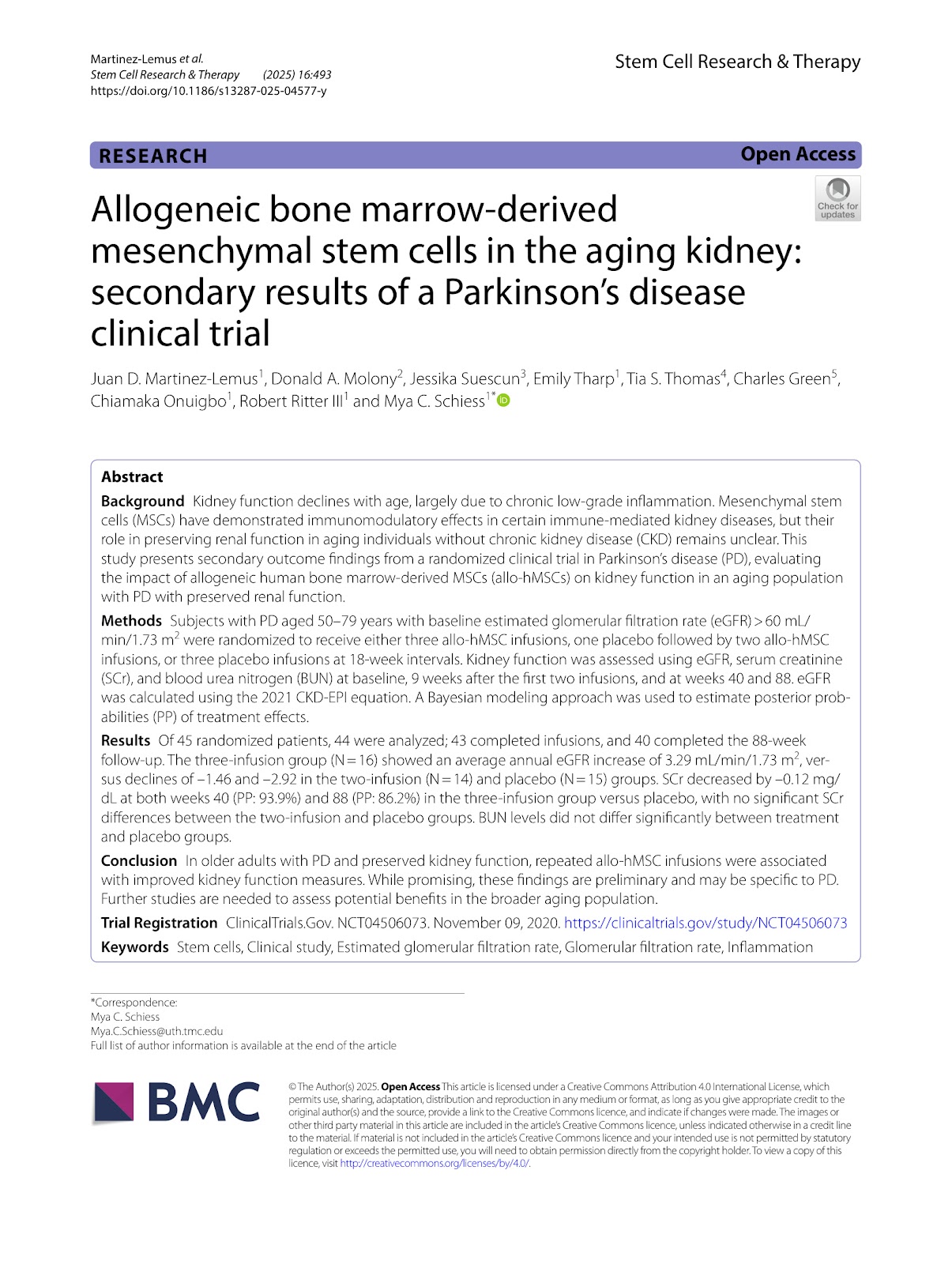 Allogeneic bone marrow-derived mesenchymal stem cells in the aging kidney: secondary results of a Parkinson's disease clinical trial