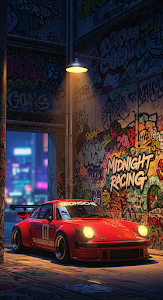 Red Classic Porsche Race Car Parked in Graffiti Alley at Night
