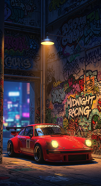 Red Classic Porsche Race Car Parked in Graffiti Alley at Night - Free mobile Wallpaper