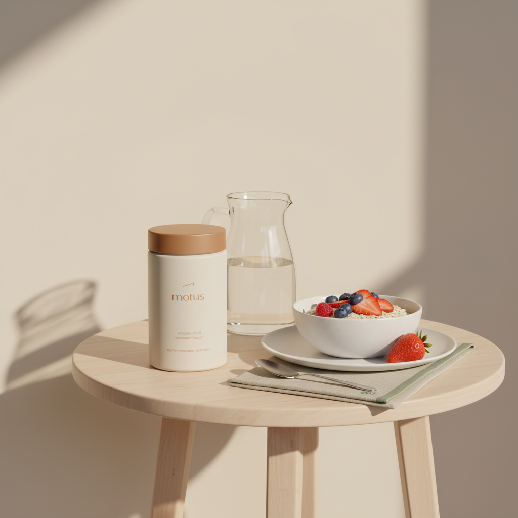 Tonum Motus supplement jar beside a pitcher of water and a plate of oats with berries on a minimalist wooden table in soft morning light — probiotics for bloating