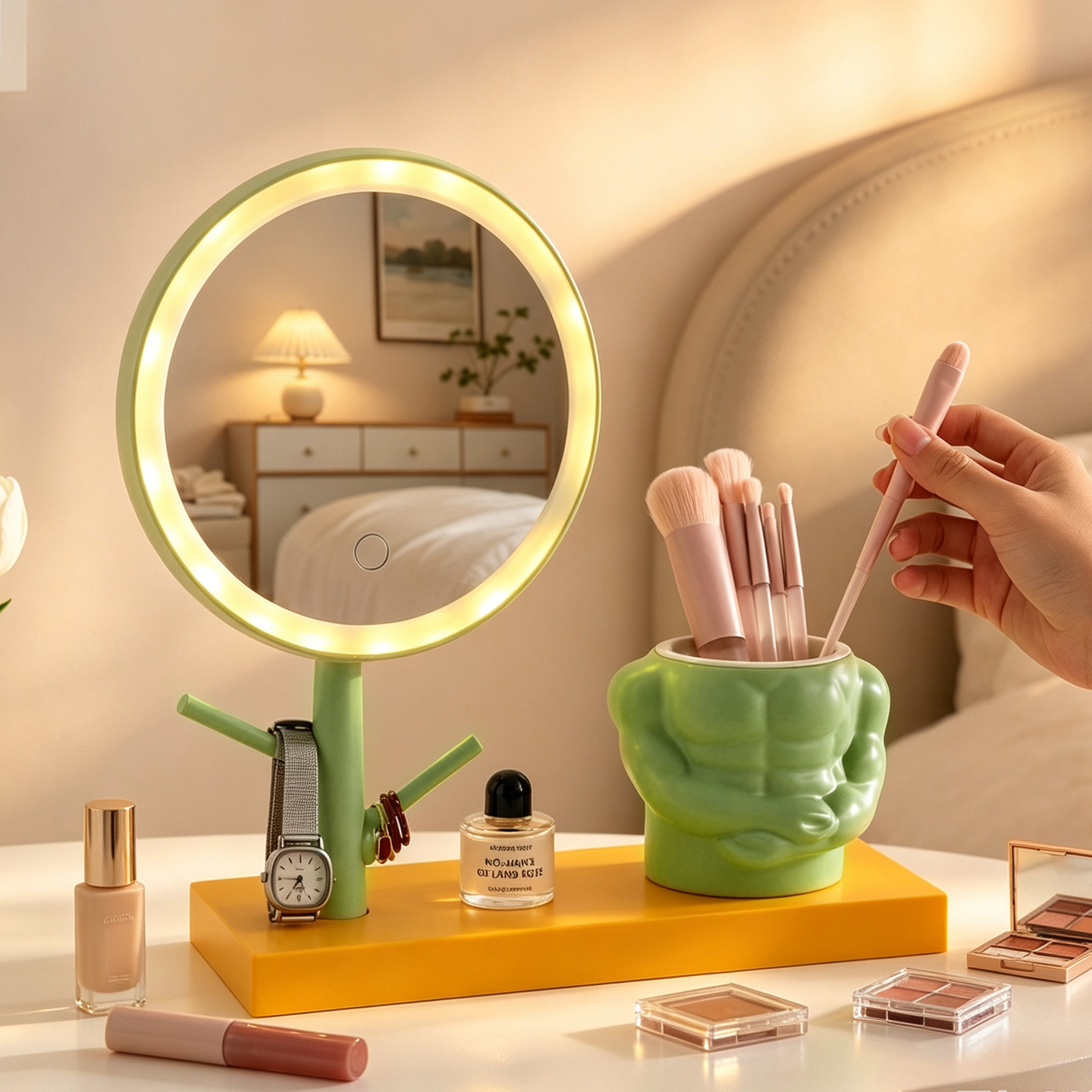 Makeup mirror with LED lighting and shelf