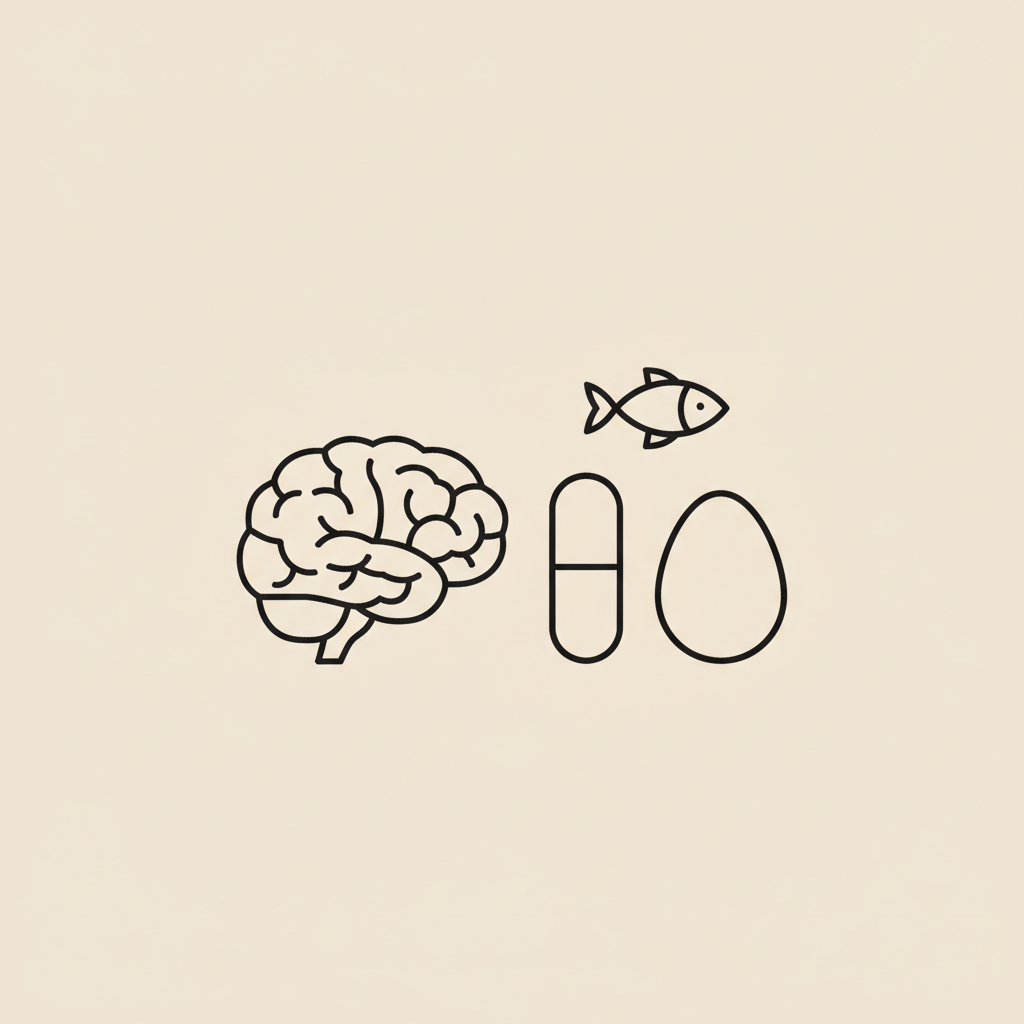 Minimalist thin-line vector of a brain outline left, a capsule and egg on the right, and a small fish above on a beige background representing vitamin B12 memory loss